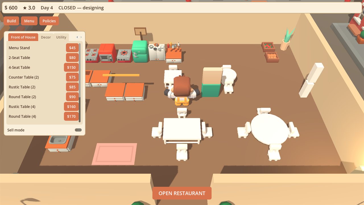 Designing the restaurant floor with the build catalog in the diner game